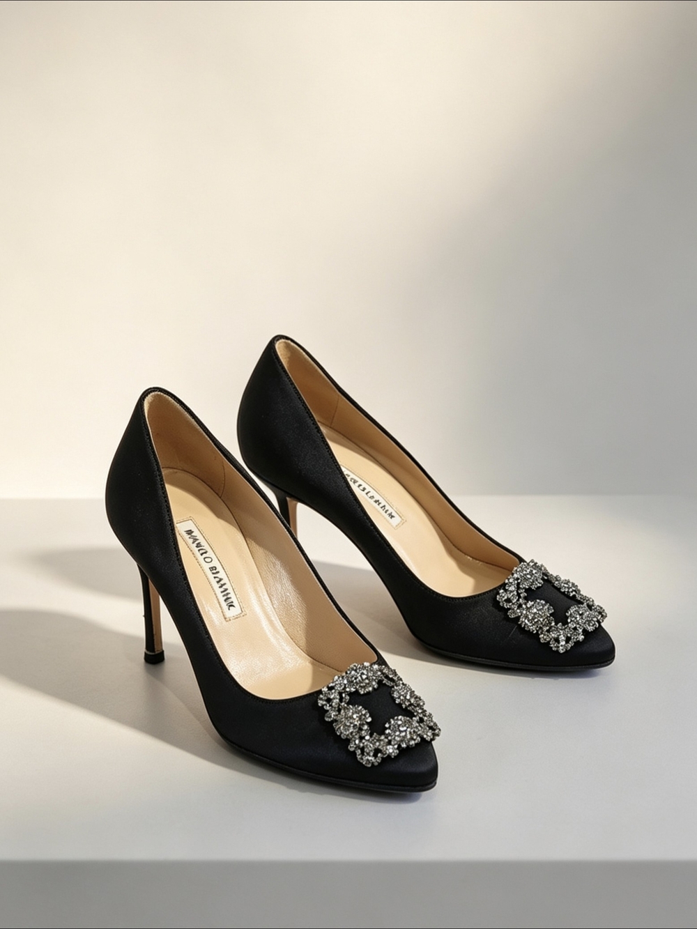 Manolo Blahnik Black Satin Hangisi Crystal-Embellished Pumps - Picture 5 of 12